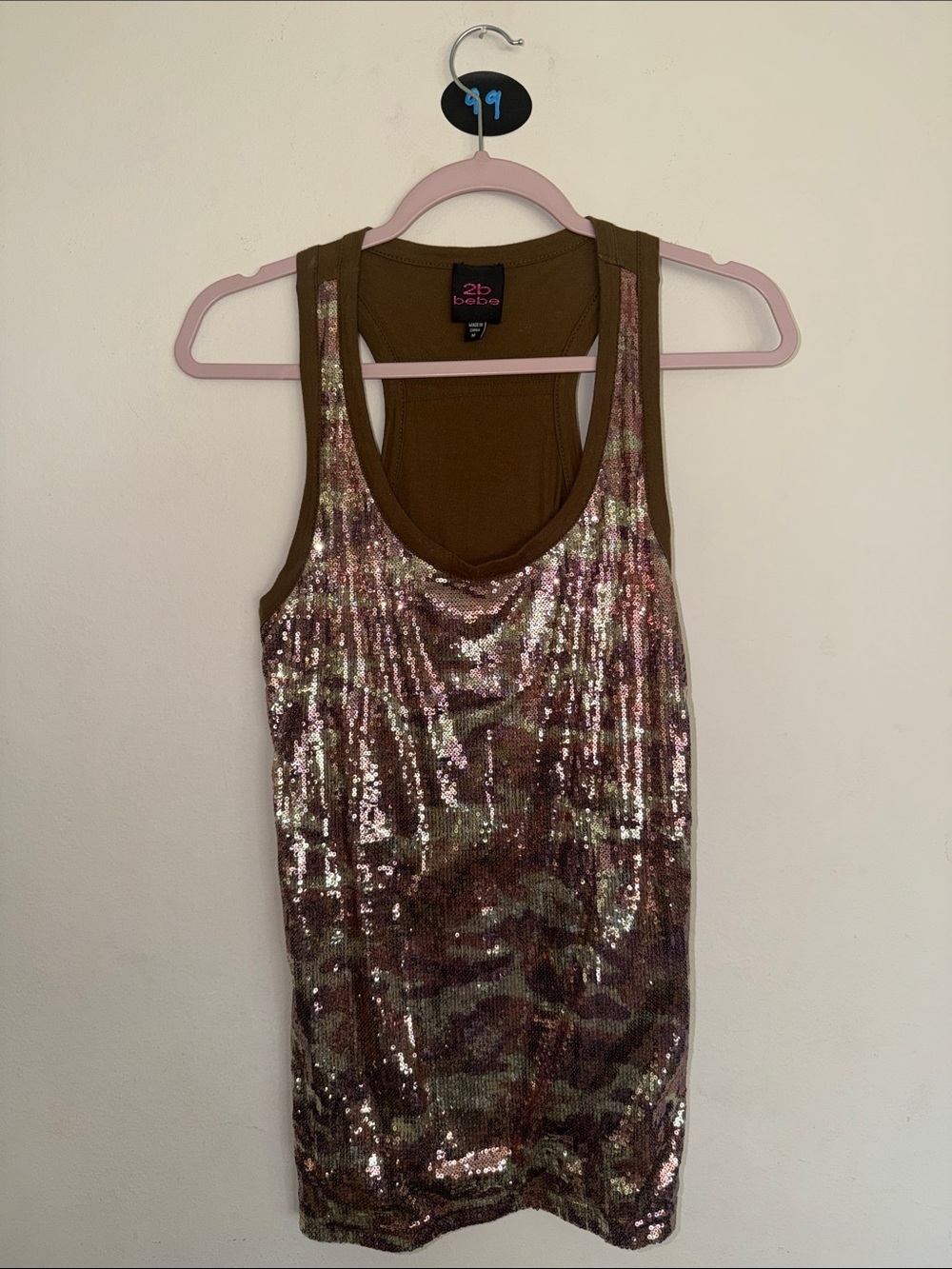 bebe Olive Green Tank Top with Rose Gold Sequins pit to pit 14” fits small